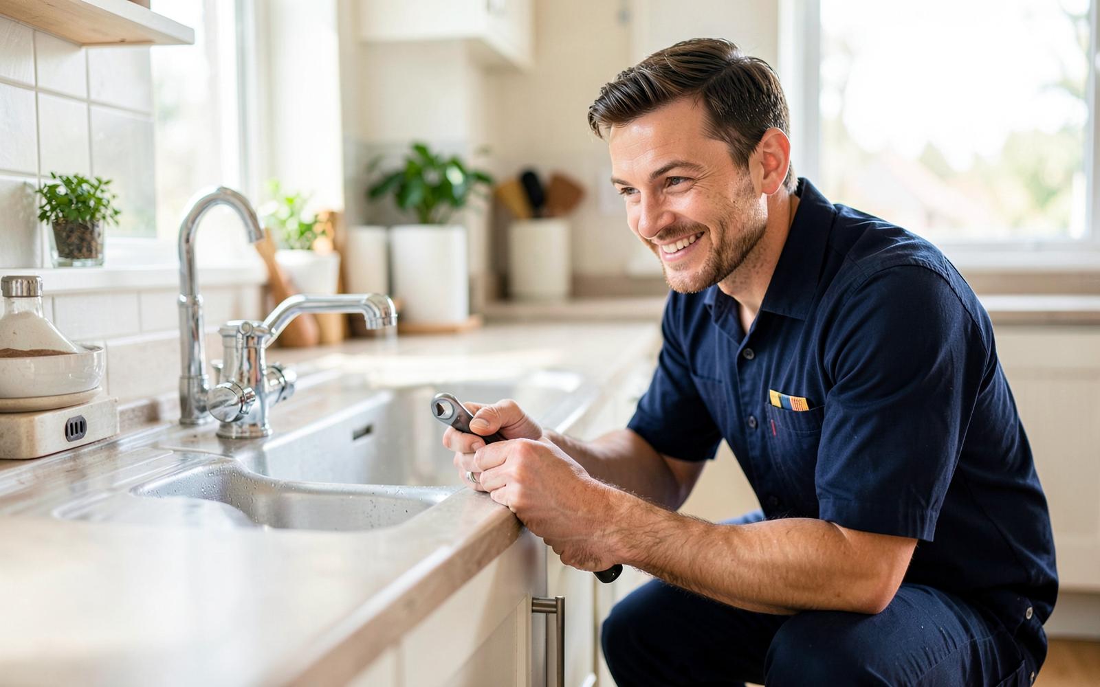 One of the Plumbing Brothers fitting a kitchen tap in a bright Ashford home